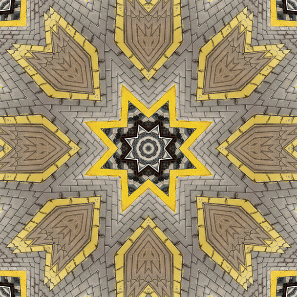 sfondo astratto di modello ferroviario di un caleidoscopio. mattoni grigi e linea gialla sfondo frattale mandala. arabesco caleidoscopico astratto. modello ornamento geometrico - Foto, immagini