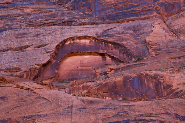 Wdzierające się ściany kanionu piaskowca tworzą łukowy wzór z nowszym jasnym piaskowcem odsłoniętym w łuku i ciemną patyną na otaczającym go starym piaskowcu. - Zdjęcie, obraz