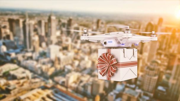 Drone con el regalo, concepto de entrega. renderizado 3d - Foto, Imagen