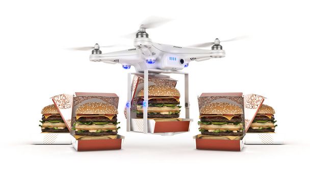 Drone Burger Delivery Concept. Quadcopter převážející burger. 3D vykreslování - Fotografie, Obrázek