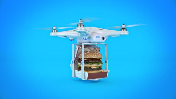 Conceito de entrega de hambúrguer de zangão. Quadcopter transportando hambúrguer. Renderização 3d - Foto, Imagem