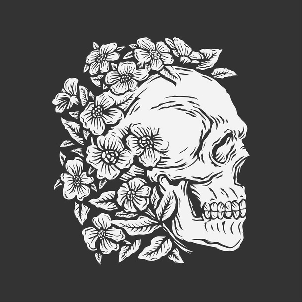 mão desenho crânio cercado por rosa flor vetor ilustração - Foto, Imagem
