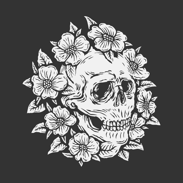 kézi rajz koponya körül rózsa virág vektor illusztráció - Fotó, kép