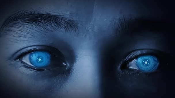 Női szem high-tech futurisztikus kék szemmel. Technológia és gépi tanulás koncepciója. - Felvétel, videó