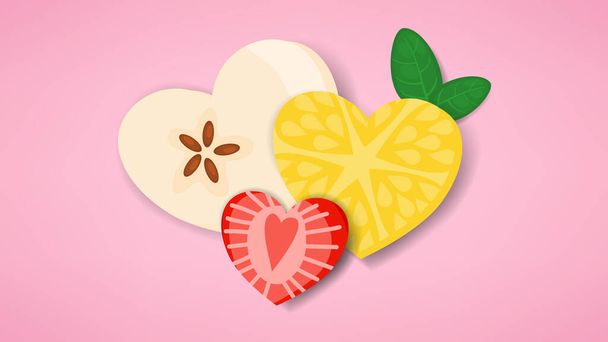 Vektor von Obst geschnitten und in herzförmige Scheiben geschnitten. Idee für Valentinstag, Familie und gesunde Ernährung. Apfel, Erdbeere, Zitrone, Zitrusfrüchte. - Vektor, Bild