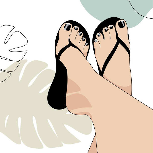 illustration vectorielle tropicale avec de beaux pieds en pantoufles, chutes d'ombre monstera, paillettes vernis noir, pédicure française - Vecteur, image