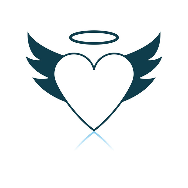 Valentine Heart With Wings And Halo Icon. Shadow Reflection Design. Vector Illustration. - Vector, Image