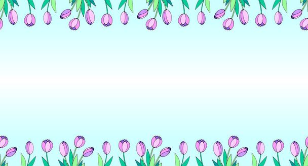 春の花。ピンクのチューリップからのフレーム。ベクトルドアの手を孤立描かれた。水平上端と下端、境界、グリーティングカードの装飾、招待状、バレンタイン、女性または母の日. - ベクター画像
