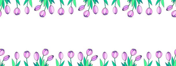 Voorjaarsbloemen. Frame van outline tulpen. Vector doodle hand getekend geïsoleerd. Horizontale boven- en onderrand, rand, decoratie voor wenskaart, uitnodiging, Valentijnsdag, Vrouwen- of Moederdag. - Vector, afbeelding