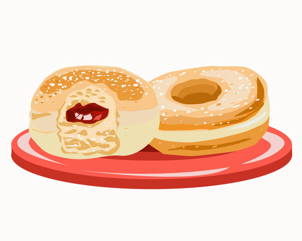Two doughnuts with filling on a plate and one over the top - Vector, Image