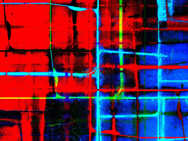 Abstract volumetrische achtergrond met een spectaculaire combinatie van rood, blauw, geel, groen en zwart, met donkere en lichte accenten. Een modern beeld voor uw kunstprojecten, illustraties en werken. - Foto, afbeelding