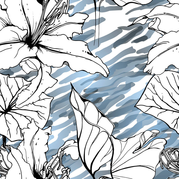 Floral Black White Pattern. Modern Watercolor - Vektör, Görsel