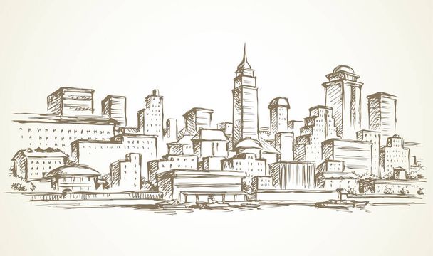 Abstrakcyjne nabrzeże USA Nowy Jork wieżowiec struktura banku widok panoramiczny centrum. port w centrum miasta niebo przestrzeń tekstowa. Zarys czarny atrament ręcznie rysowane wbudowane logo ikona znak tekstury projekt w stylu art doodle - Wektor, obraz
