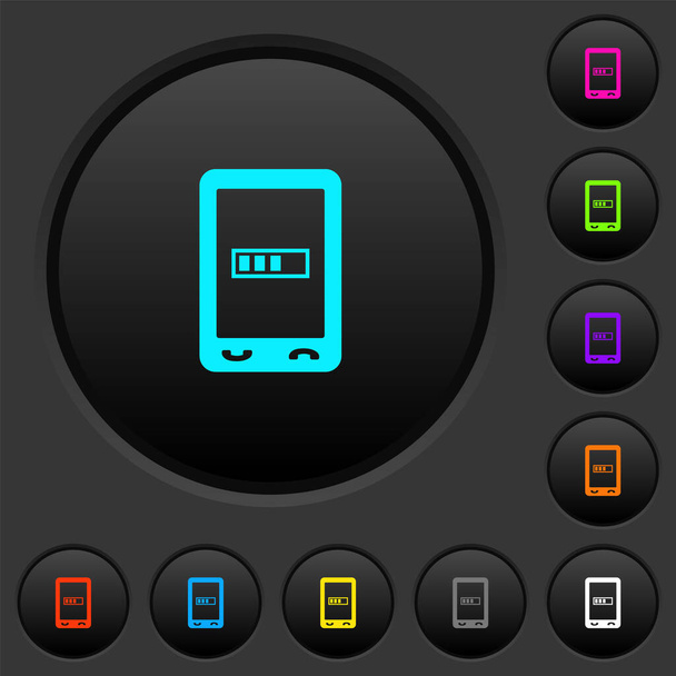 Mobil feldolgozás sötét nyomógombok élénk színű ikonok sötét szürke háttér - Vektor, kép