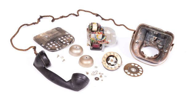 Disassembled old retro vintage rotary phone, isolated on white - Photo, Image