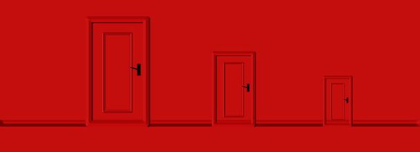 Groeiende concept deur, kleine tot grote deur. Panoramische illustratiedeuren. rood design, 3D visualisatie, conceptuele illustratie van ontwikkelende deur: groei- en ontwikkelingsconcept - Foto, afbeelding