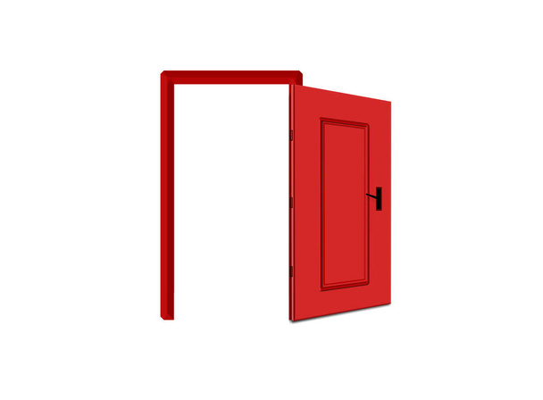 volledig open vooraanzicht, geïsoleerd in witte achtergrond. geopend 3d rode deur met realistisch deurkozijn - Foto, afbeelding