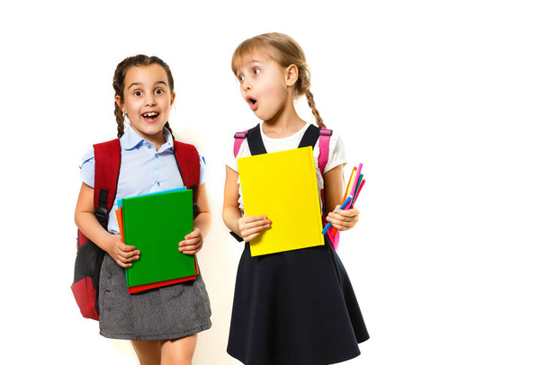 Two little schoolgirls. Education, fashion, friendship concept. - Foto, Imagem
