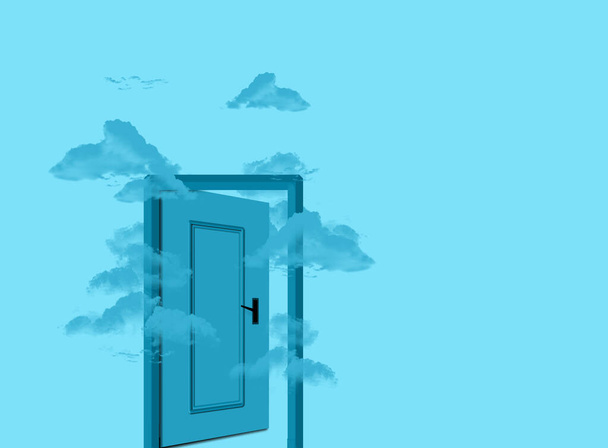 Blaue Tür am wolkenverhangenen Himmel, blaue Wolken fliegen durch die halb geöffnete Tür. 3D konzeptionelle Illustration des Imaginationskonzeptes. Schöne Design Farbe Wolke Konzept. Surreale Traumszene - Foto, Bild