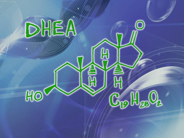 Χημικός μοριακός τύπος της ορμόνης DHEA u Dehydroepiandrosterone. Infographics. Αφηρημένο φωτεινό λαμπερό μπλε φόντο. - Φωτογραφία, εικόνα