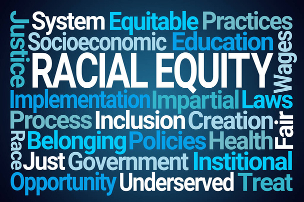 Racial Equity Word Cloud op blauwe achtergrond - Foto, afbeelding