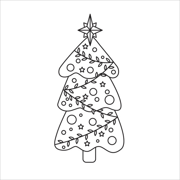 Zwart-witte tekening van een kerstboom. Met de hand getekend. Knip kunst. Geschikt voor ansichtkaarten, uitnodigingen. Vector illustratie voor kunsttherapie, kleurboek. - Vector, afbeelding
