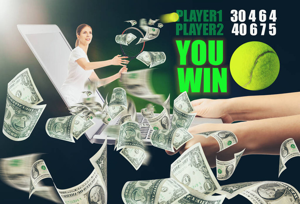 Female tennis player and flying dollar banknotes through screen of laptop on dark background. Concept of sports betting - Photo, Image