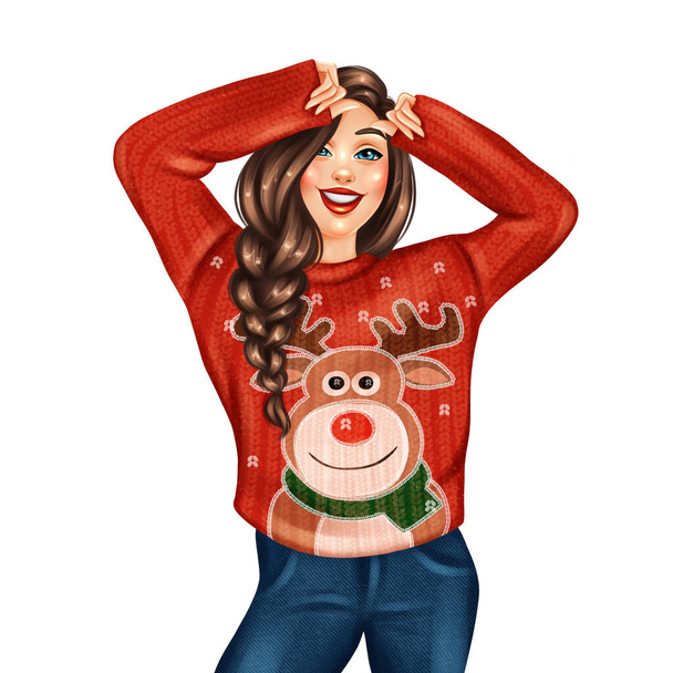 Chica en jersey rojo brillante con estampado de ciervo. Ilustración de invierno dibujada a mano - Foto, Imagen