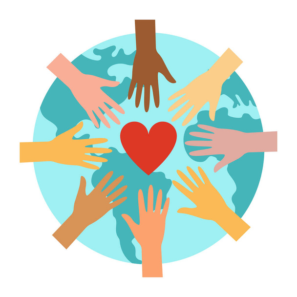 Planeta Země, ruce a srdce - symbol míru a jednoty komunit. vektorová ilustrace - Vektor, obrázek