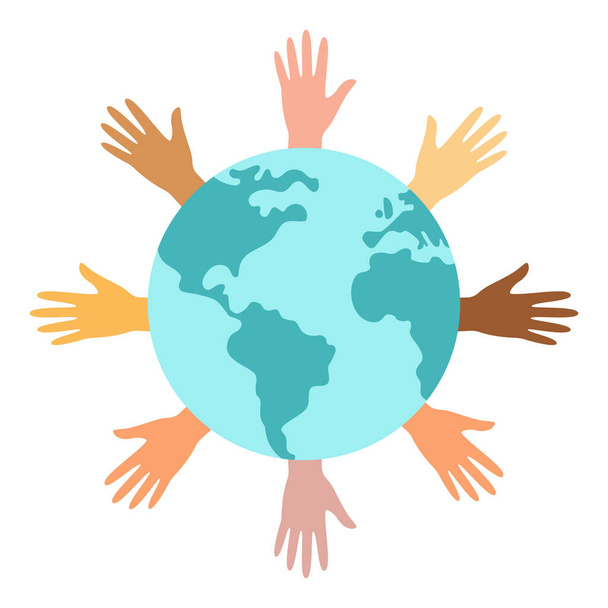 Planeet Aarde en handen, een symbool van vrede en eenheid van gemeenschappen. vectorillustratie - Vector, afbeelding