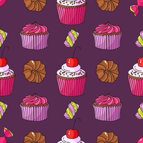 Vector seamless sweets pattern on purple background. Cupcakes, chocolate, marshmallows, cherry. Perfect for printing on fabric, paper. - Vector, Image