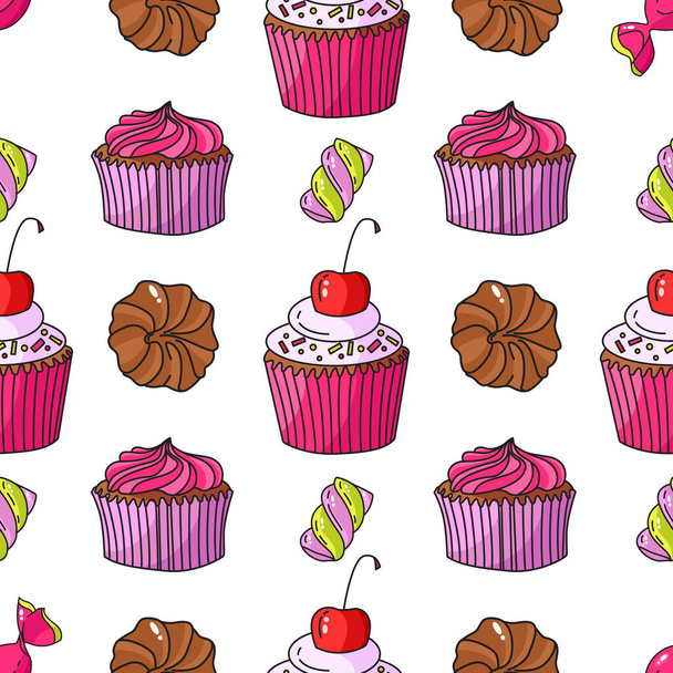 Vector seamless sweets pattern on white background. Cupcakes, chocolate, marshmallows, cherry. Perfect for printing on fabric, paper. - Vector, Image