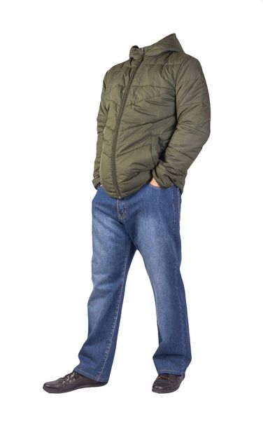 dark blue jeans, black leather shoes,dark green jacket with a hood isolated on white background. Casual style - Φωτογραφία, εικόνα