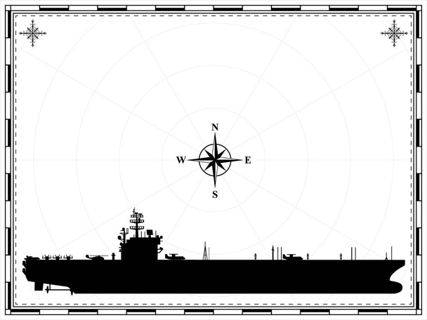 Nave militar vectorial en el fondo del mapa. Rosa de viento. Ilustración vectorial. - Vector, Imagen