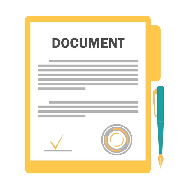 Signo de documento icono. Documento, carpeta con sello, texto y pluma. Ilustración - Vector, imagen