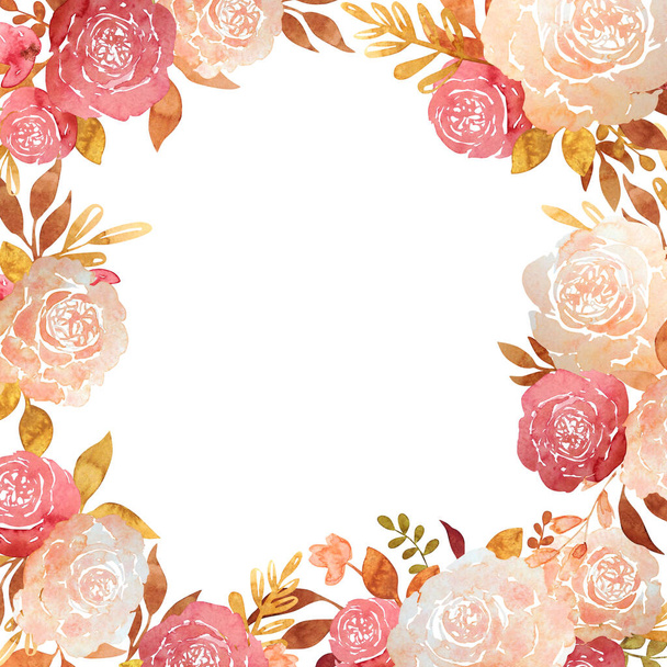 Kwadratowa ramka z akwarelą vintage róż i miejsce na tekst. Ilustracja akwarela z delikatną brzoskwinią i burgundowymi różami w brązowo-złotych liściach. - Zdjęcie, obraz