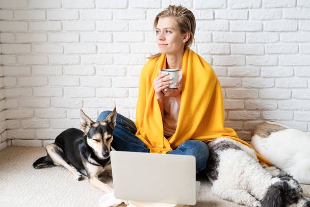 Cuidados com animais. Engraçado jovem mulher em xadrez amarelo sentado no chão com seus cães bebendo café - Foto, Imagem