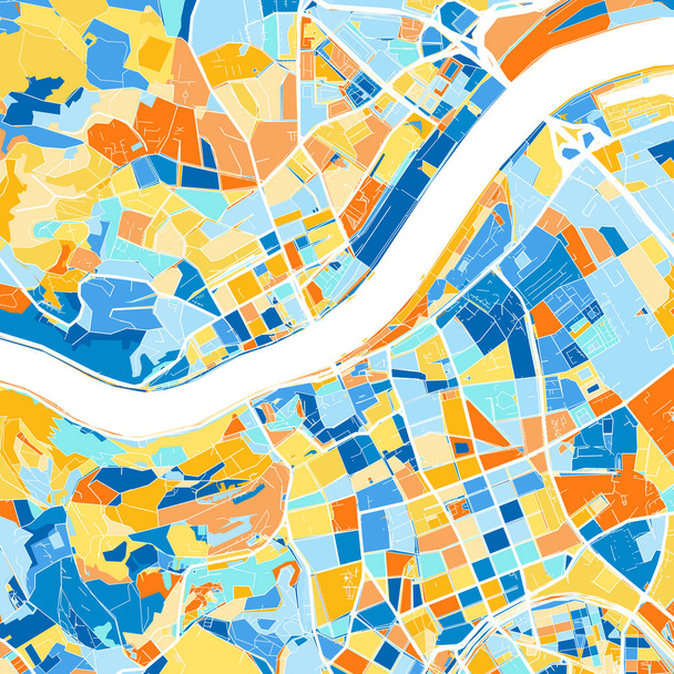 Linz 'in renkli sanat haritası, Yukarı Avusturya, Avusturya iin mavisi ve portakalları. Linz haritasındaki renk derecelendirmeleri rastgele bir desen izler. - Vektör, Görsel