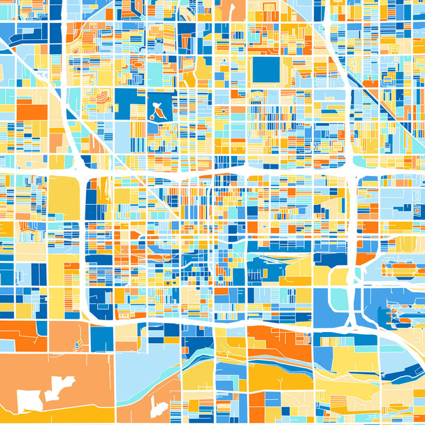 Barevná umělecká mapa Phoenixu, Arizony, Spojených států v blues a pomerančích. Odstupňování barev v mapě Phoenixu se řídí náhodným vzorem. - Vektor, obrázek