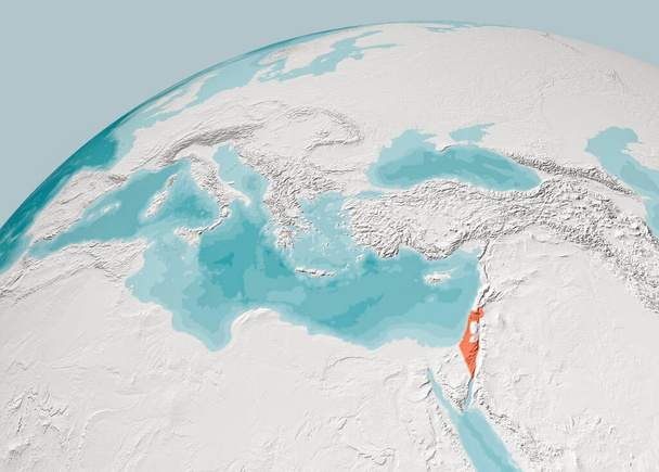 Globe map of the Mediterranean Sea and Israel, Europe Africa and the Middle East. Cartografía, atlas geográfico. 3D render. Batimetría, profundidad submarina del océano  - Foto, Imagen
