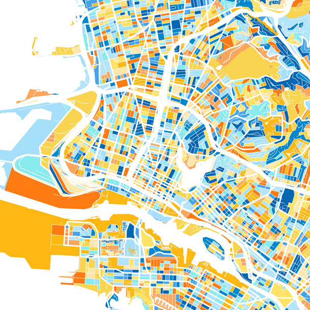 Barevná umělecká mapa Oaklandu, Kalifornie, Spojené státy americké v modrých a pomerančích. Odstupňování barev v mapě Oaklandu se řídí náhodným vzorem. - Vektor, obrázek