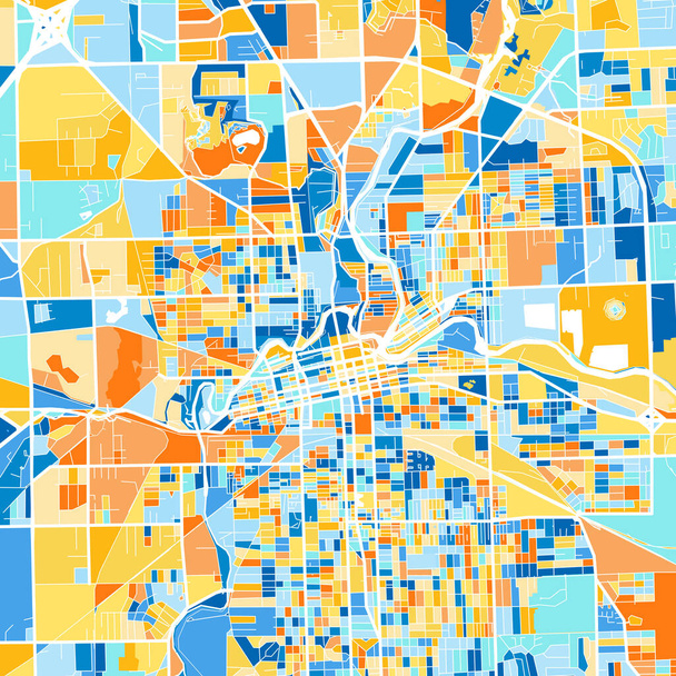 Mapa de arte colorida de FortWayne, Indiana, UnitedStates in blues and laranges. As gradações de cores no mapa FortWayne seguem um padrão aleatório. - Vetor, Imagem