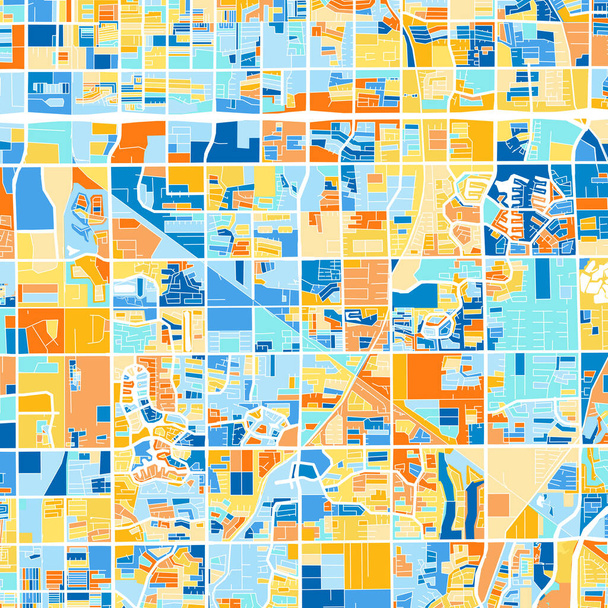 Barevná umělecká mapa Gilbertu, Arizony, Spojených států v modrých a pomerančích. Odstupňování barev v Gilbertově mapě se řídí náhodným vzorem. - Vektor, obrázek