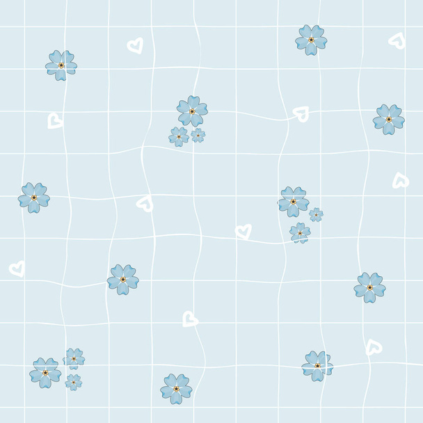 Blue and yellow forget-me-not flowers on background. Seamless repeat pattern of squared rough pastel paper. White hearts are around - Vector, Image