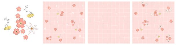 Set of three seamless repeat patterns. White daffodils, pink forget-me-not flowers on squared rough pastel paper. Yellow Bees in love are around - Vector, imagen