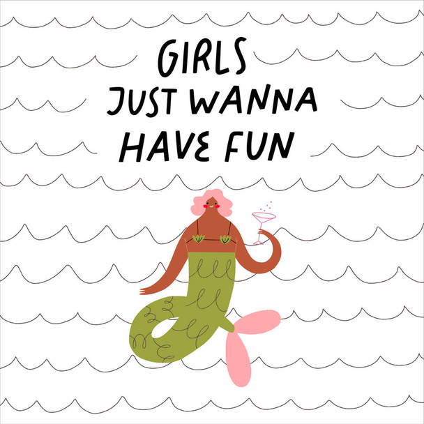 Vektor handgezeichnete Illustration. Meerjungfrau, handgeschriebene Zitate Mädchen wollen einfach nur Spaß haben, Wellen und Herzen. Grußkarten-Konzept Galentine 's Day  - Vektor, Bild