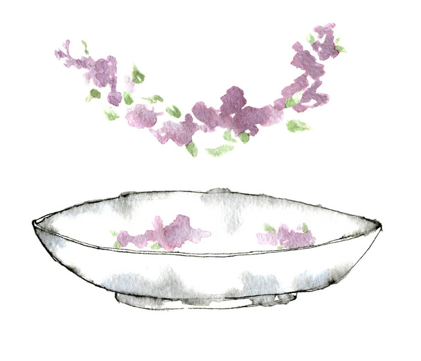 Watercolor illustration set of lilac branch, black and white delicate pastel saucer drawn by hand in sketch style. Elegant collection utensil isolated on a white background. - Zdjęcie, obraz