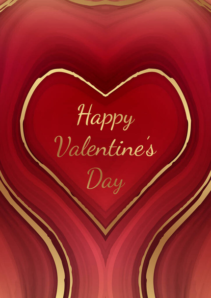 Achtergrond voor Valentijnsdag wenskaart met abstract rood hart van vloeibaar marmer en gouden strepen. - Vector, afbeelding