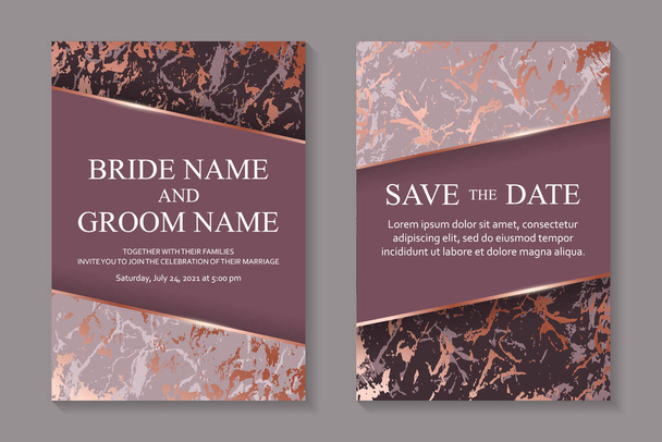 Modernes Hochzeitseinladungsdesign oder Kartenvorlagen für Geburtstagsgrüße oder Urkunden oder Poster mit Roségoldfarbe oder Marmorstruktur auf rosa Hintergrund. - Vektor, Bild
