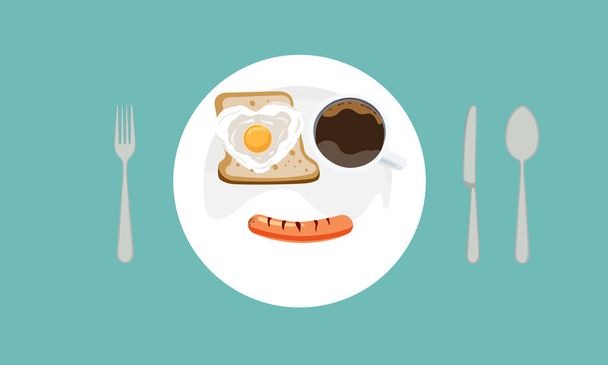 ソーセージ、トースト、目玉焼き、ハート型、プレート上のコーヒー。おいしい朝食のコンセプト. - ベクター画像